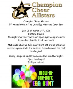 5th Annual Glow in the Dark Egg Hunt @ Champion Cheer Justin